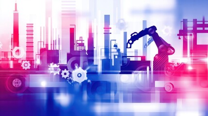 Poster - Futuristic industrial landscape with robotic arm and gears, showcasing automation in action