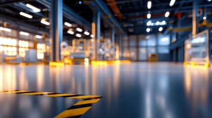 Poster - Industrial warehouse interior with machinery and illuminated workspaces in the background