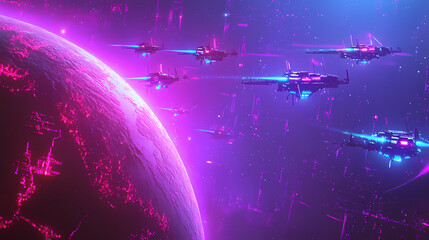 Wall Mural - a futuristic drone fleet engaging in space combat above a vibrant planet, digital art of space battl