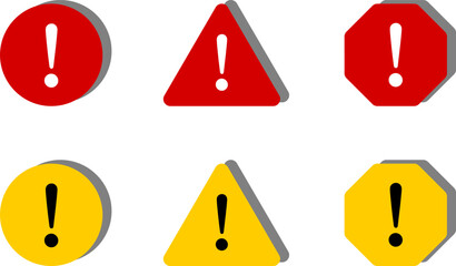 Poster - Red White Yellow Black Round Circle Octagonal and Triangular Warning or Attention Caution Sign with Exclamation Mark and 3D Style Shadow Effect Icon Set. Vector Image.