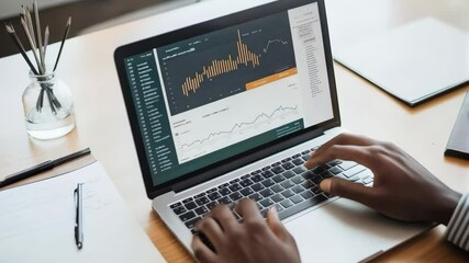 Poster - Typing on laptop screen, revealing financial graphs during business data analysis within modern workplace setting