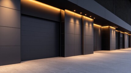 Poster - Modern architectural facade with illuminated panels and garage doors in an urban setting