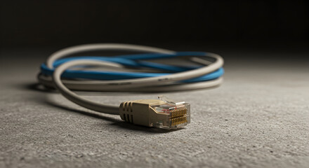 Poster - Close Up of Ethernet Cable with Tan Connector on Textured Gray Surface Under Spotlight
