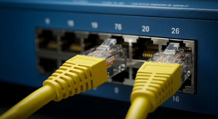Poster - Close Up of Blue Network Switch with Yellow Ethernet Cables Connecting Ports and Wired Connections