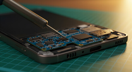 Poster - Close Up of Soldering Iron on Smartphone Motherboard Repair with Green Work Mat Electronics in Warm Lighting