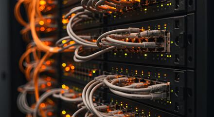 Poster - Close Up View of Data Servers with Cables and Lights in Dark Server Room Environment