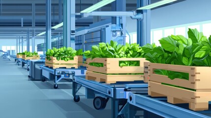 Poster - Fresh produce being sorted in a modern warehouse with conveyor belts and greenery