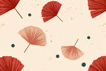 Aufkleber - Seamless pattern featuring red and pink fan shapes with subtle splatter details on cream background, evoking minimal Japanese aesthetic