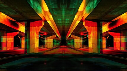 Poster - vibrant red orange green illuminated highway underpass abstract architecture modern urban night scen