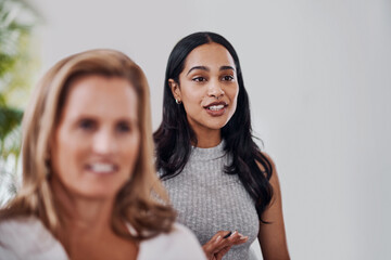 Aufkleber - Business people, audience and woman with smile in conference for training, workshop and team building. Happy, employees and person with talking in seminar for corporate development, planning and idea
