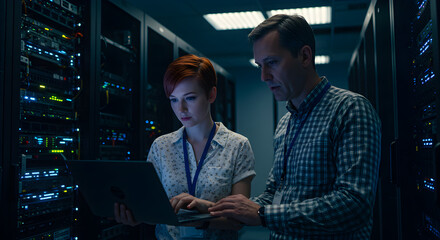 Poster - Two Data Engineers Collaborate in a Server Room with Blue Lights on a Laptop for IT Infrastructure and System Maintenance