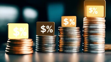 Aufkleber - Financial symbols glowing near precisely arranged coins, highlighting investment strategy, wealth accumulation, banking growth, and economic success