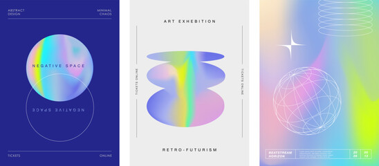 modern digital art posters with abstract geometric holographic gradient shapes