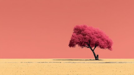 Poster - A solitary tree stands against a vivid pink sky, creating a striking minimalist landscape.