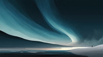 Poster - Surreal landscape with dynamic waves of color and a serene horizon at dusk.