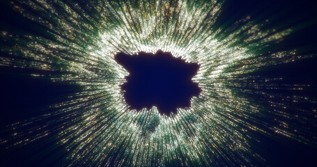 Fototapete - Abstract green luminescent data waves emanating in a radial pattern from a dark void, creating a futuristic and dynamic energy representation