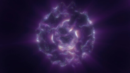 Poster - A purple glowing fragmented sphere, resembling a futuristic energy core suspended in darkness