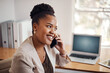 © peopleimages.com - Lawyer, talking and black woman with phone call at desk for conversation, listening or contact with client. Mobile, legal consultant and employee for communication, chat or explain case details