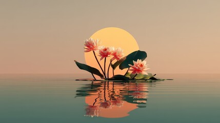 Poster - Serene water lilies reflect the sun in a tranquil lake at sunset.