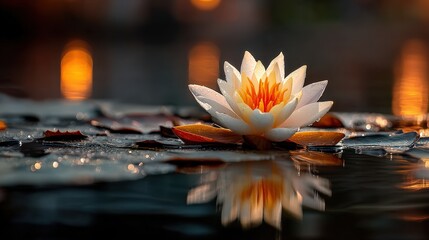 Poster - A serene water lily floats gracefully on a tranquil pond, illuminated by soft, glowing lights.