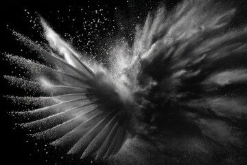 Poster - Abstract monochrome formation of particles and liquid, creating splash and wing-like shape, against a dark gradient backdrop