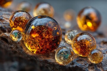 Poster - Translucent golden orbs with internal structures rest on a textured, dark brown surface, showcasing light interaction and composition.