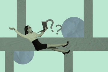 Aufkleber - 3d sketch poster trend collage image of happy girl hold laptop inside maze trap riddle question mark decision finding overwhelmed