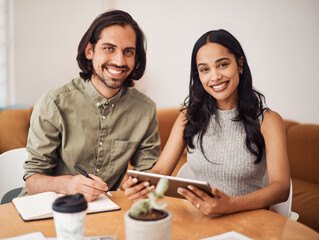 Aufkleber - Creative, tablet and portrait in office, people and smile for teamwork in design agency, online and project. UI designer, digital and collaboration of colleagues, desk and notes of brief together