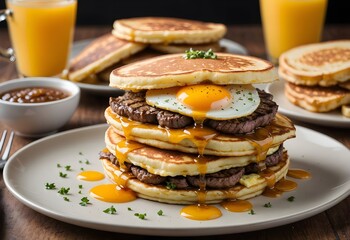 Wall Mural - breakfast steak, egg and cheese pancake sandwich with syrup