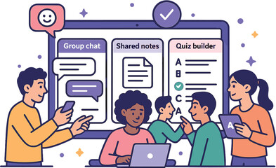 Poster - Vector illustration of collaborative study app with group chat, shared notes, poll feature, and quiz builder
