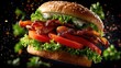 © Chandlerlikes - A burger with layers of crispy bacon, fresh lettuce, and juicy tomato floating against a dark black background, captured in mid-air