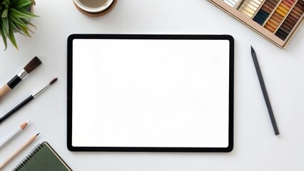 Overhead shot of an organized art or design desk, featuring a digital tablet for sketching, a watercolor set for traditional media, and other creative tools.
