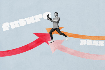 Poster - 3d sketch poster trend collage of happy businessman run arrow development future pass comparison career carry laptop goal