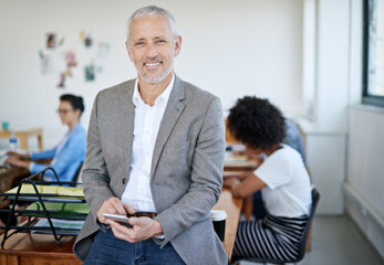 Poster - Portrait, mature or businessman in startup on smartphone for social network, blog media website or message. Break, relax or designer texting on mobile app for reading online notification or research