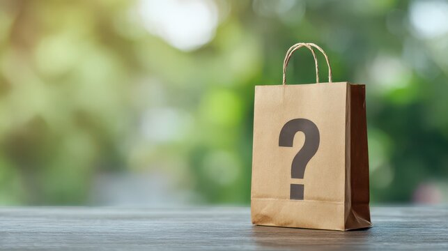 Paper bag with a question mark on a blurred background, banner design