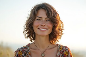 Poster - A woman with wavy hair stands in a sunny field, showcasing her natural beauty and glowing skin while enjoying the warmth of golden hour light
