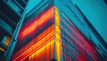 Aufkleber - Modern building lights up at twilight showcasing vibrant neon colors reflecting on glass in an urban setting