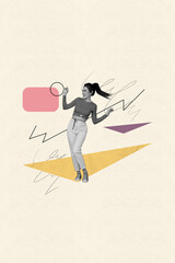 Poster - Banner collage of young girl moving happy on pastel color background with geometry shape