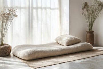 Fototapete - Chic interior design with wooden bowl and decorative vase featuring dried grass in serene, sunlit space