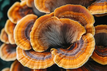 Aufkleber - Beautiful mushroom clusters showcasing vibrant colors and intricate patterns found in a forest setting during the morning hours
