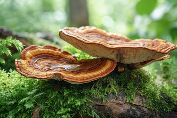 Poster - Colorful fungi growing on a fallen log surrounded by vibrant green moss in a lush forest during daytime