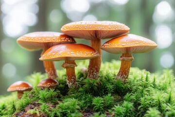 Poster - Colorful fungi growing on a fallen log surrounded by vibrant green moss in a lush forest during daytime