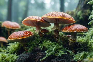 Poster - Colorful fungi growing on a fallen log surrounded by vibrant green moss in a lush forest during daytime