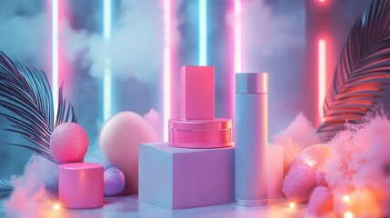 Aufkleber - Colorful cosmetic display with neon lights, soft fog, and decorative elements creates a vibrant atmosphere for beauty products