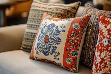 Aufkleber - Colorful decorative pillows on a modern sofa in a cozy living room setting with natural light during the daytime