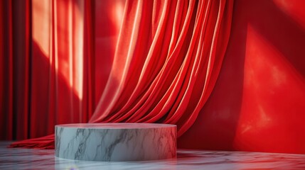 Poster - Rich red fabric drapes elegantly over a marble column in an interior space, showcasing a classic and sophisticated ambiance during the afternoon light