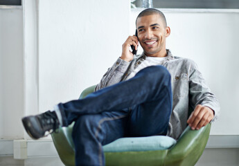 Aufkleber - Designer, man and relax in office or phone call for discussion, client communication and networking for agency. Male employee, cellphone and conversation for connection, thinking and speaking of work
