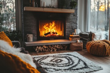 Aufkleber - Cozy winter evening by the fireplace in a stylish living room with natural light and warm decor