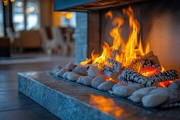 Aufkleber - Cozy winter evening by the fireplace in a stylish living room with natural light and warm decor