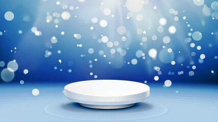 Fototapete - Podium of Spotlight: A clean, bright, minimalist podium sits center stage, bathed in a blue and white light effect, with softly blurred bokeh in the background.